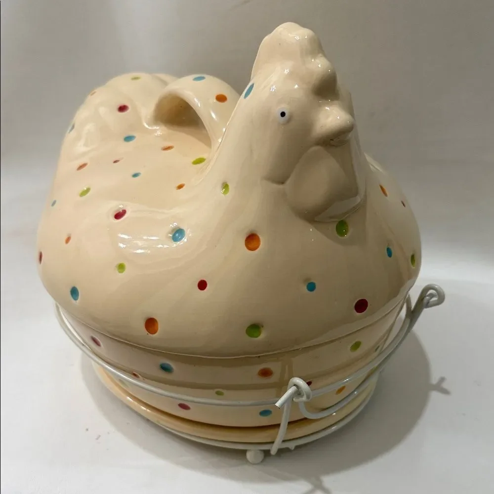 Temptations Tara 2 Qt Oven Ware Dish Polka Dot Cream Ceramic Chicken 4 Pieces